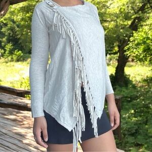International Concepts Asymmetric Wrap Fringe Buckle Knit Cardigan Sweater Beige